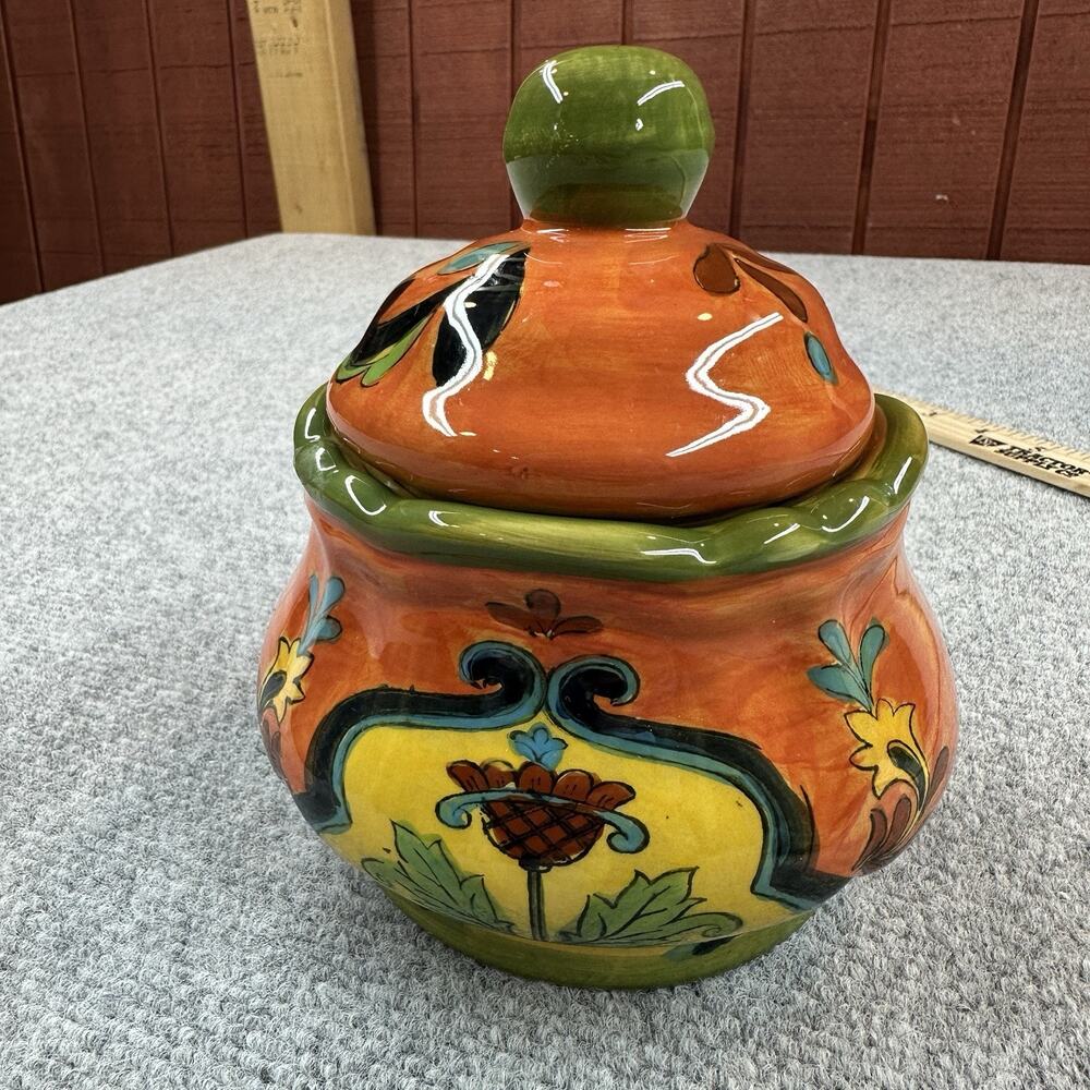 Talavera Ceramic Lidded Canister Hand Painted Orange Green Floral Pottery Jar - Picture 9 of 10
